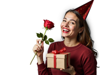 Cheerful woman celebrating with party hat, holding a gift and a red rose, symbolizing joy and affection during a special occasion