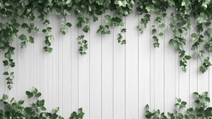 Fototapeta premium Green Ivy Leaves Framing White Wooden Plank Wall Background
