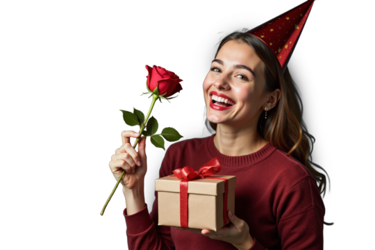 Cheerful woman celebrating with party hat, holding a gift and a red rose, symbolizing joy and affection during a special occasion