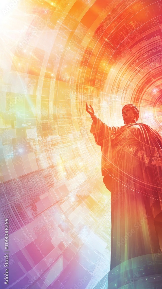 Aufkleber statue reaching out in abstract colorful tunnel of light and data