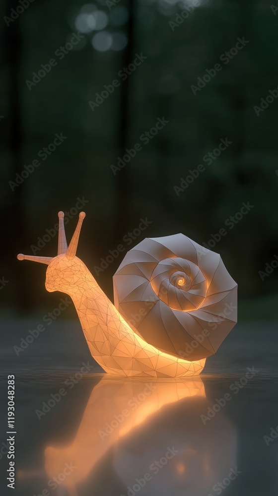 Poster a paper snail is lit up in a forest setting