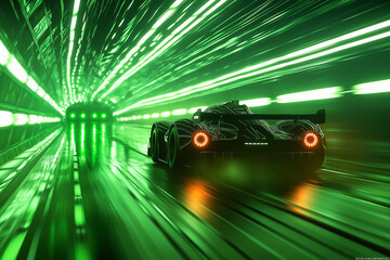 A racing car speeding through a racing rally-lit, representing 300Hz refresh rate. Neon green and black colors, green traffic lights in front of it