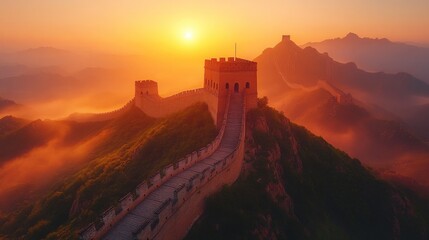 Obraz premium Majestic sunrise over the Great Wall of China, shrouded in mist.