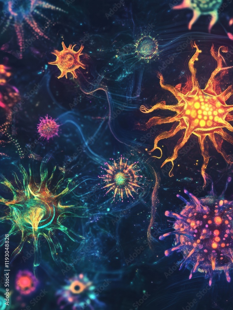 Leinwandbilder exploring magnified viruses in vibrant colors showcasing intricate biological structures and diversi