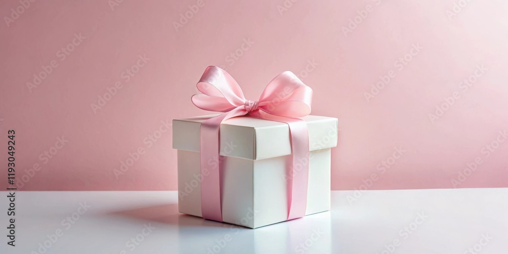 Wall mural A delicately presented white gift box adorned with a light pink satin ribbon and bow, resting on a pristine white surface against a soft pink backdrop.