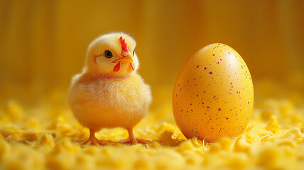 A yellow chicken and an Easter egg. Easter banner. A place for tect.