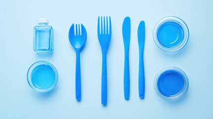 Fototapeta premium Blue Kitchen Essentials and Tableware on Light Blue Background Featuring Fork, Spoon, Knife, Glasses, and Small Container with Water