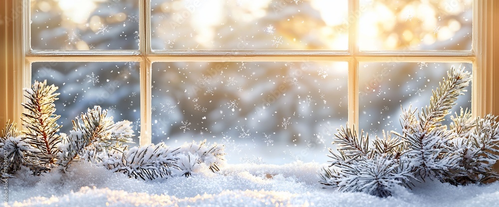 Poster snowy winter scene viewed through a window.