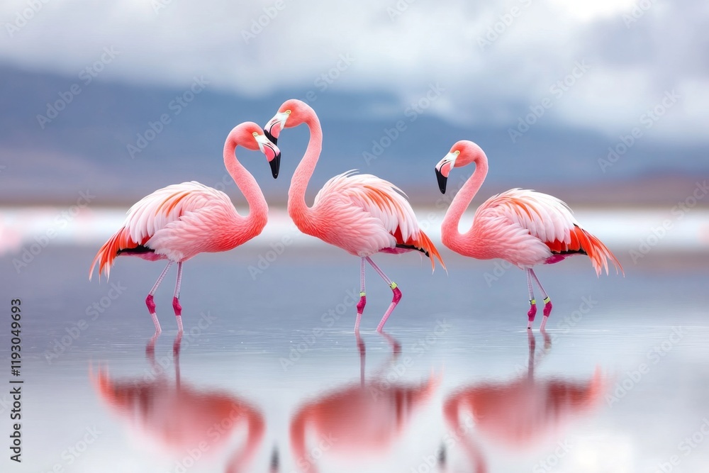 Poster a futuristic scene of neon-glowing flamingos on salar de uyuni, with their reflections creating vivi