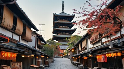 Obraz premium Stunning view of traditional Japanese pagoda amidst charming streets and autumn foliage, evoking tranquility and cultural heritage