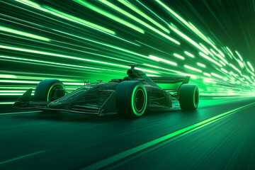 A racing car speeding through a racing rally-lit, representing 300Hz refresh rate. Neon green and black colors, green traffic lights in front of it