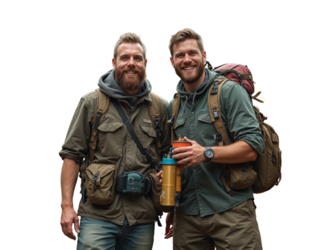 Two hikers smiling while posing outdoors with backpacks and gear in a natural setting, showcasing camaraderie and adventure during daylight hours
