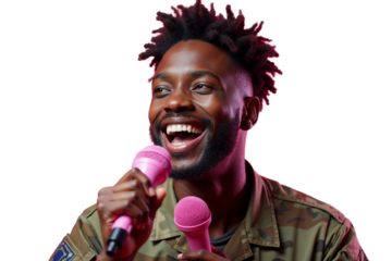 Performer showcases vibrant energy while singing with two colorful microphones during an energetic music session