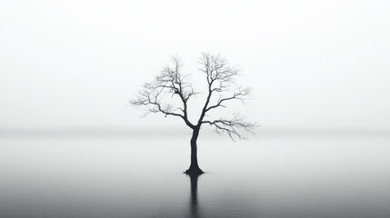 Solitary bare tree reflected in still, foggy water.