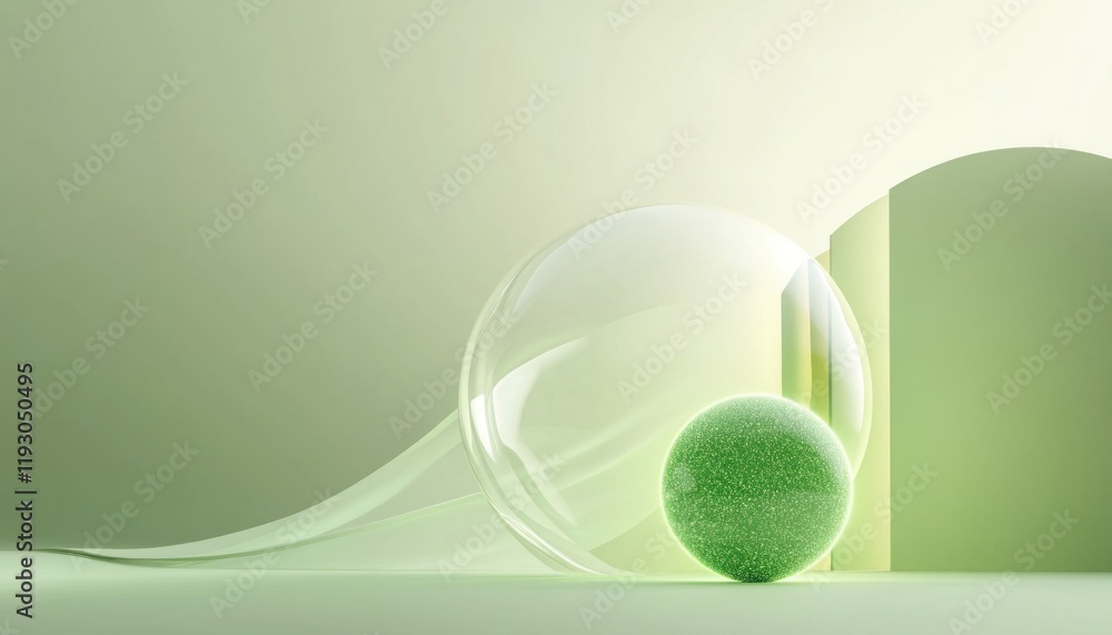 Poster green textured sphere and transparent glass sphere creating an abstract scene with flowing fabric
