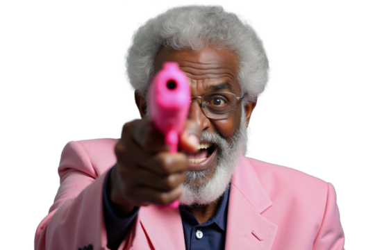Elderly man in pink blazer playfully pointing pink toy gun, showcasing a joyful expression against a transparent background