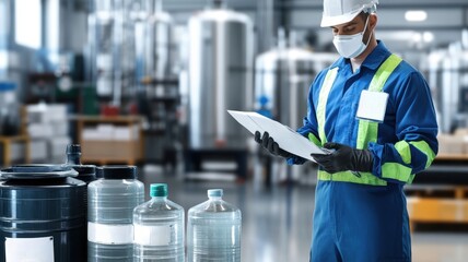 Safety training workplace knowledge concept. Industrial worker inspecting containers in a manufacturing facility.