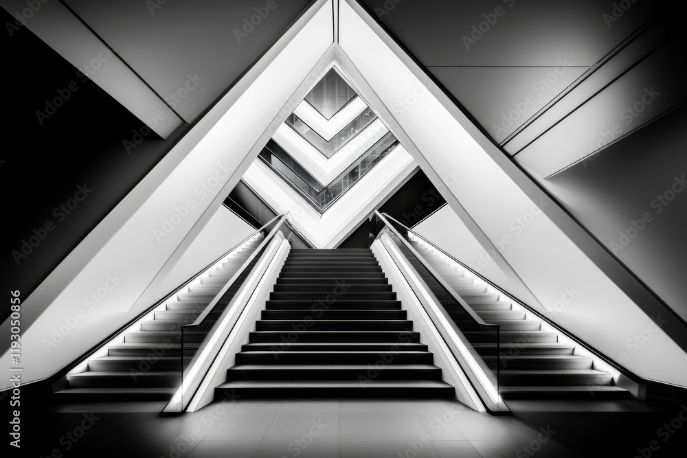 Poster a geometric representation of the pyramid staircase, with clean lines and contrasting tones to highl