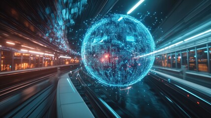 Futuristic Digital Globe Surrounded by Data Streams in Motion