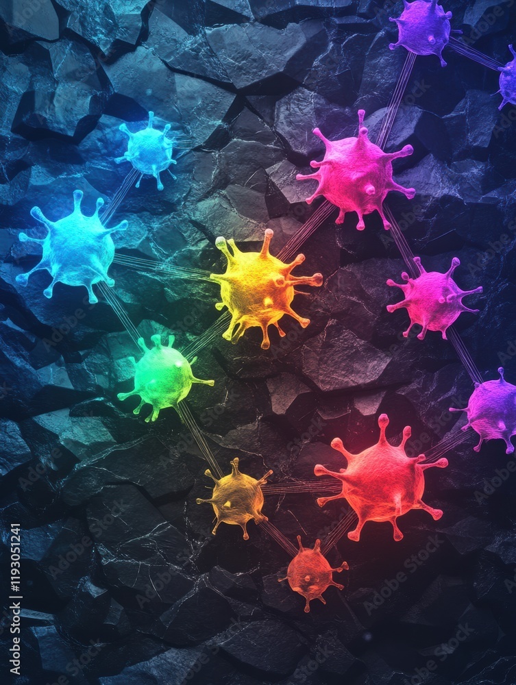 Aufkleber Colorful representation of magnified viruses showcasing intricate details on a dark textured background. Generative AI
