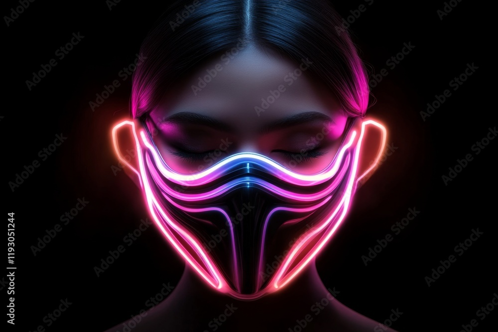 Poster a glowing uv face mask design isolated against a black background, highlighting its intricate neon p