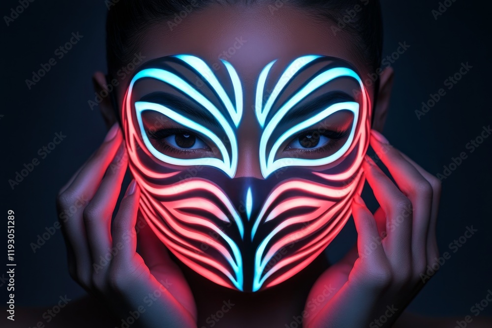 Poster a glowing uv face mask design isolated against a black background, highlighting its intricate neon p