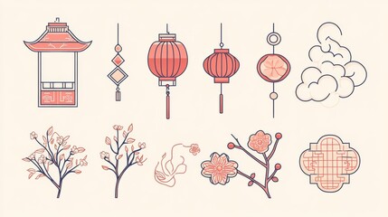 Chinese New Year icons, symbols and decorations. Abstract linear design, illustrations. Line art lanterns, flowers, clouds and frames. Collection of modern minimalist vector illustrations