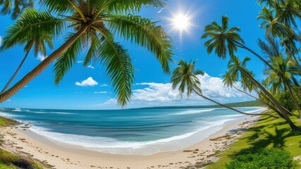 Vibrant tropical beach scene featuring palm trees, clear ocean, and bright blue skies, ideal for vacations and relaxation