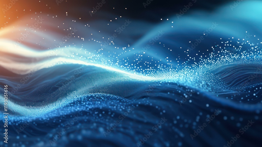 Poster abstract representation of flowing water with blue hues and sparkling particles, evoking tranquility