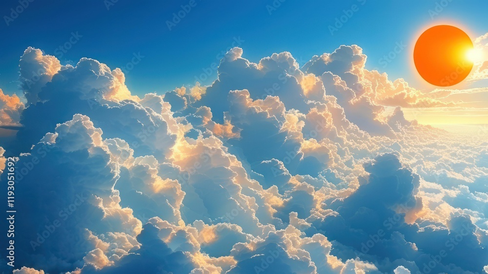 Poster stunning view of fluffy clouds illuminated by the setting sun, creating a vibrant and serene atmosph