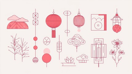 Chinese New Year icons, symbols and decorations. Abstract linear design, illustrations. Line art lanterns, flowers, clouds and frames. Collection of modern minimalist vector illustrations