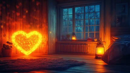 Cozy Romantic Interior with Heart-Shaped Fire and Warm Lighting