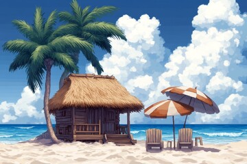 Fototapeta premium A charming pixel art depiction of a seaside vacation, featuring a tiny hut, colorful beach umbrellas, and gently pixelated ocean waves