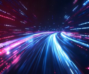 Abstract digital data streams with binary code and light streaks on a dark background.