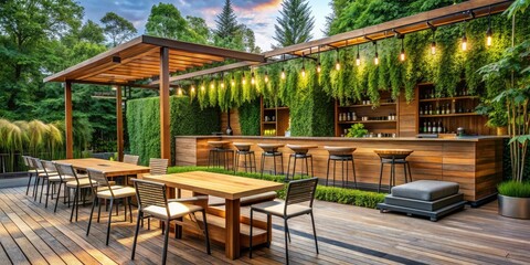 A beautifully designed outdoor beer garden features lush greenery and modern furniture with a large wooden bar at its center, furniture arrangement, leisure activities, lush greenery
