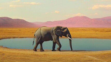 Fototapeta premium Majestic elephant walks toward serene waterhole under expansive