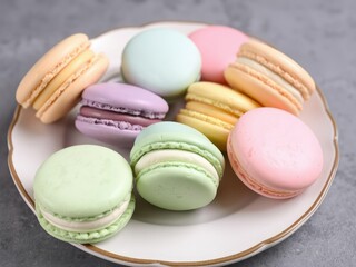 Obraz premium A beautifully styled plate of colorful macarons with matching pastel hues and delicate details, colorful, pastel, French dessert
