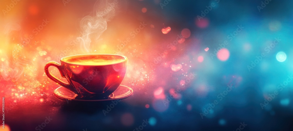 Poster steaming cup of coffee with magical bokeh background creating warm atmosphere