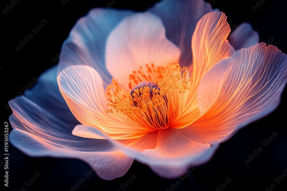 Poster a glowing single flower under uv light, showcasing its fluorescence with sharp, isolated details