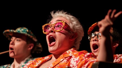 Exciting theatrical performance featuring vibrant costumes and theatrical expressions at night