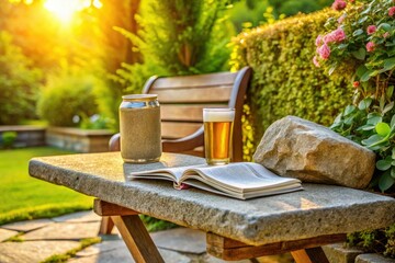 A beer can sitting next to a stone bench, with a few books and a newspaper nearby, in a cozy outdoor setting, natural, newspapers, cans