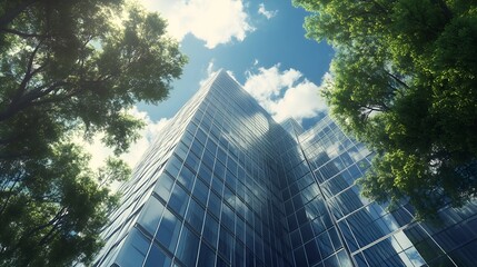 Modern Glass Skyscraper Surrounded by Green Trees Highlighting Sustainable Urban Development