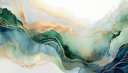 Luxury abstract cool background in green, white and gold with ink or wave shape concept, Wallpaper, poster, banner.