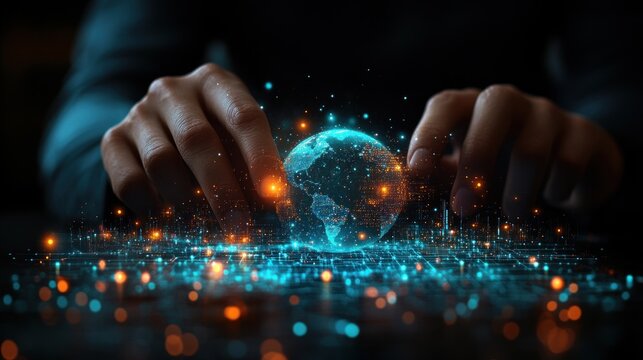 Hands manipulating a glowing digital globe above a network of data points, symbolizing technology and connectivity
