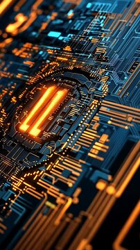 A close-up of a glowing futuristic circuit board with vibrant orange and blue lights, showcasing advanced technology and digital design.