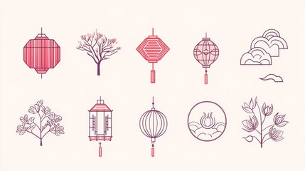 Chinese New Year icons, symbols and decorations. Abstract linear design, illustrations. Line art lanterns, flowers, clouds and frames. Collection of modern minimalist vector illustrations
