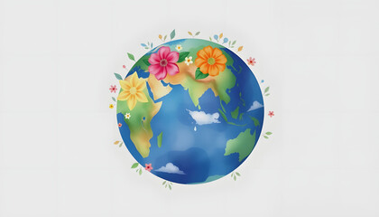 Watercolor floral planet Earth, Earth Day, flat design, with white tones