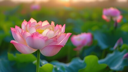 Beautiful pink lotus flower surrounded by lush green leaves, creating a serene atmosphere in a tranquil natural setting