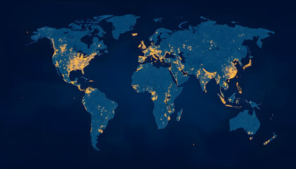 World map with night city lights. Planet earth with continents at night. Cities and technologies, hand-drawn digital illustration, with white tones