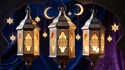 Obraz premium Arabic traditional Ramadan Kareem eastern lanterns garland. Muslim ornamental hanging golden lanterns, stars and moon vector illustration. Islamic oriental